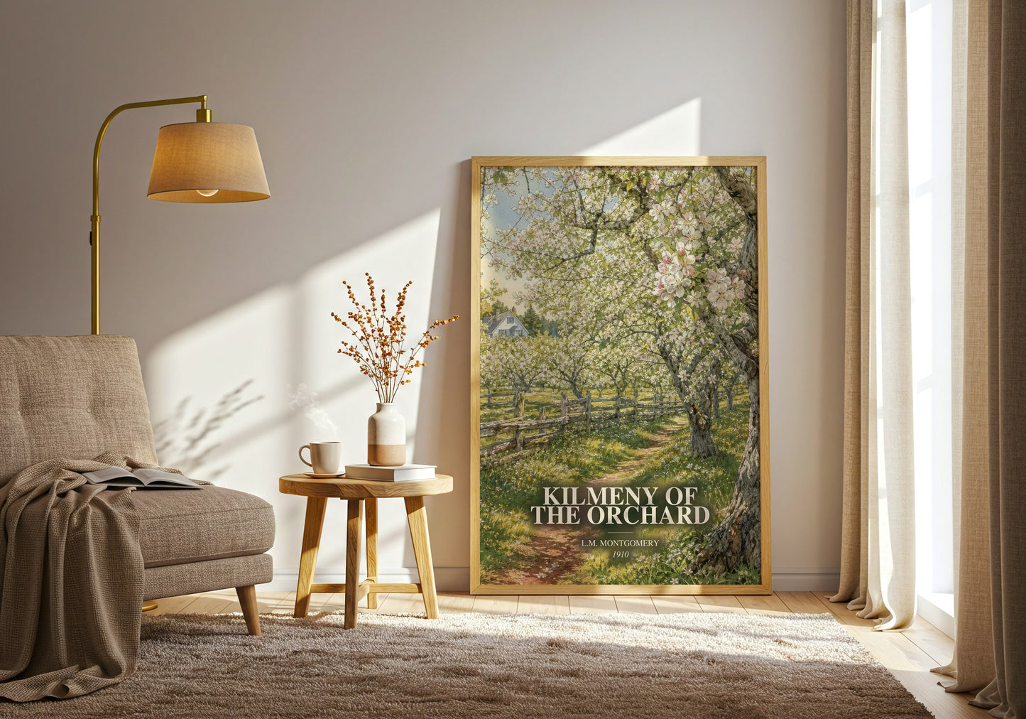 Kilmeny Of The Orchard watercolour print in frame leaning in hallway – romance wall art
