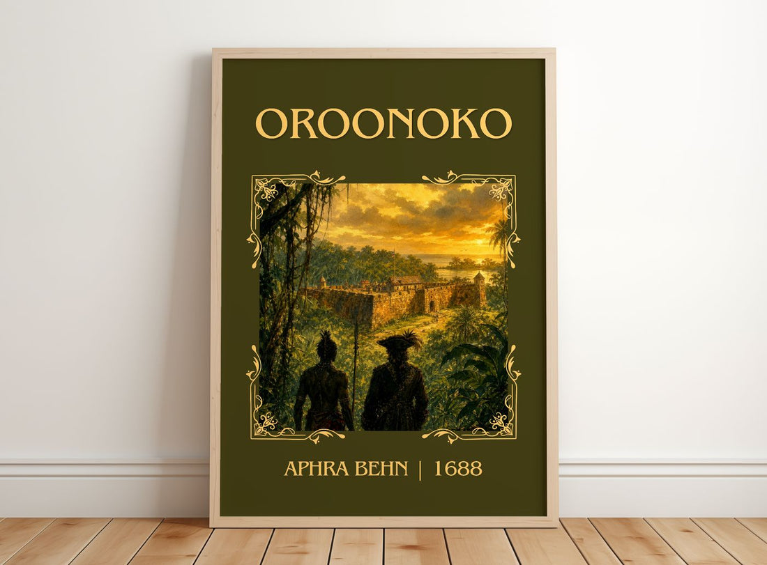 Oroonoko Classic Book Art Print by Aphra Behn – framed print leaning on a wooden floor