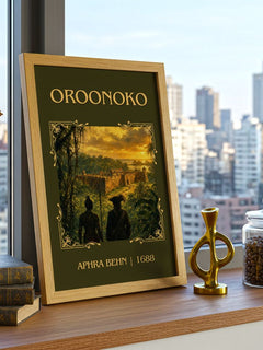 Oroonoko Classic Book Art Print by Aphra Behn – framed print on a city-view windowsill