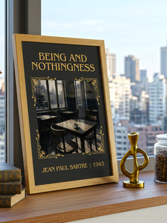 Being and Nothingness Classic Book Art Print by Jean Paul Sartre – framed print on a city-view windowsill