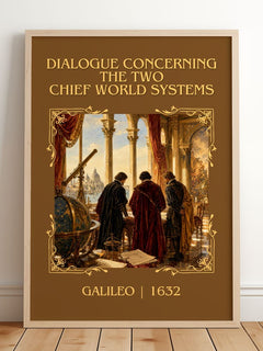 Dialogue Concerning the Two Chief World Systems Classic Book Art Print by Galileo – framed print leaning on a wooden floor