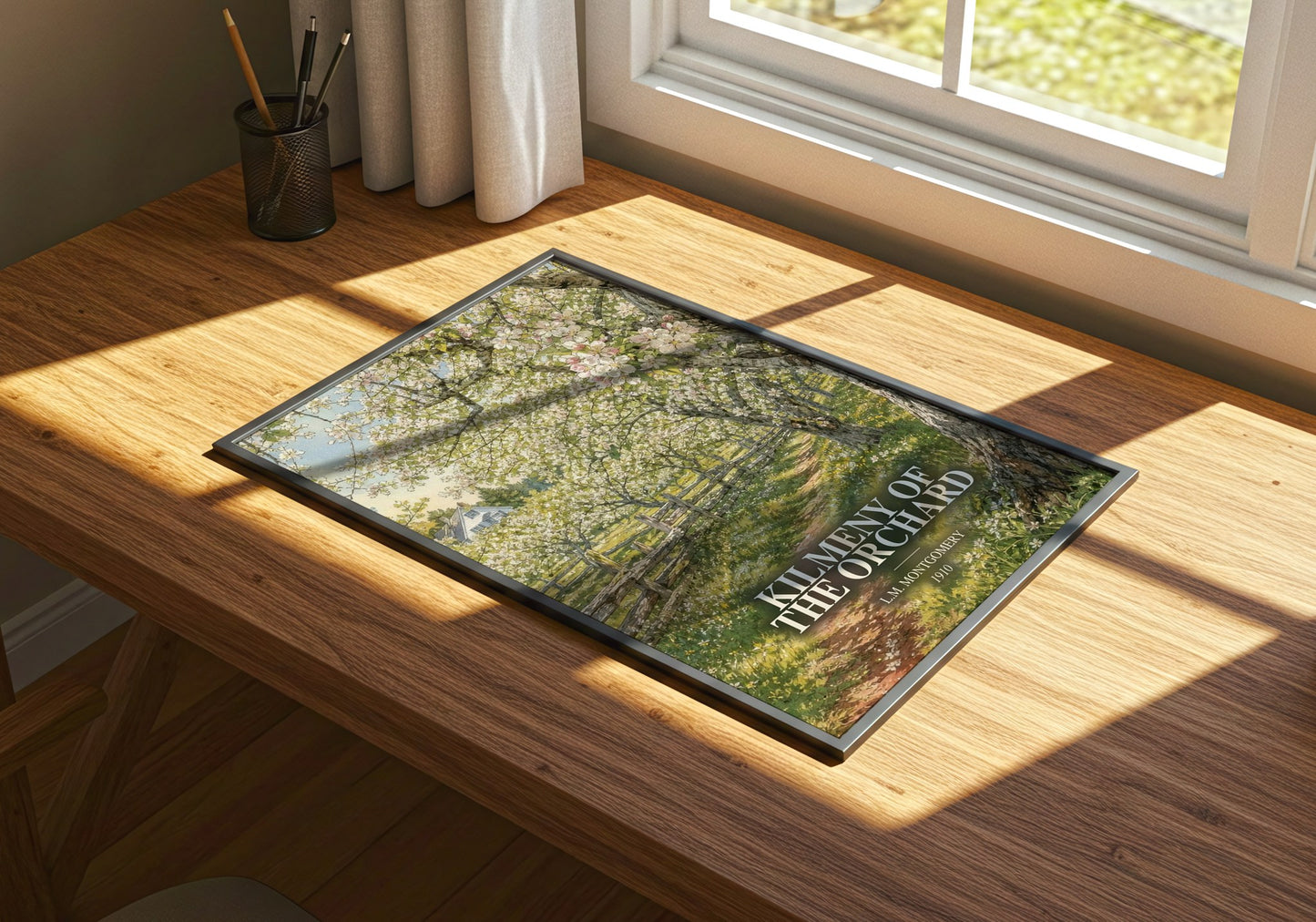 Kilmeny Of The Orchard watercolour book poster framed on wall – romance wall art