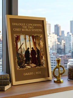 Dialogue Concerning the Two Chief World Systems Classic Book Art Print by Galileo – framed print on a city-view windowsill