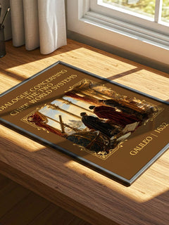 Dialogue Concerning the Two Chief World Systems Classic Book Art Print by Galileo – print on a sunlit desk