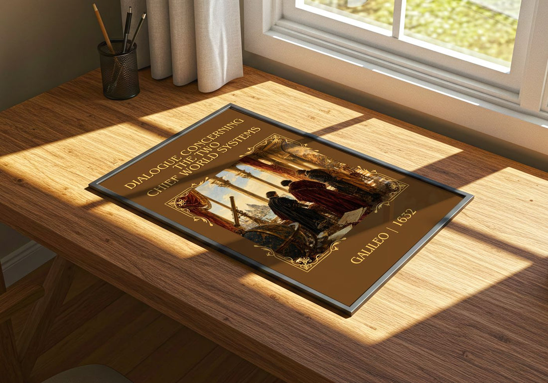 Dialogue Concerning the Two Chief World Systems Classic Book Art Print by Galileo – print on a sunlit desk
