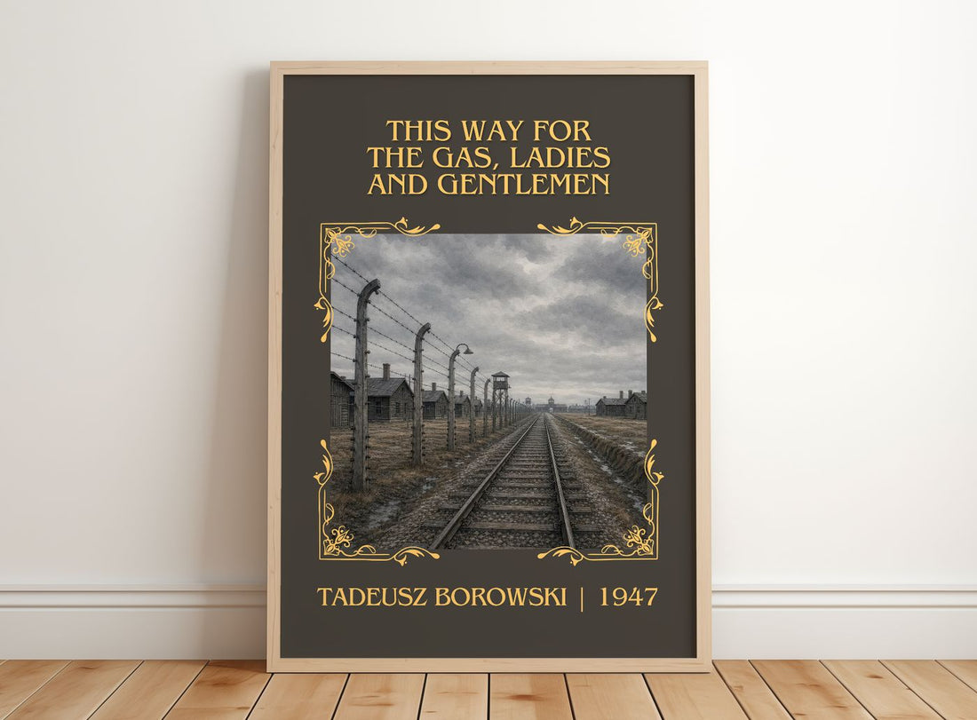This Way for the Gas, Ladies and Gentlemen Classic Book Art Print by Tadeusz Borowski – framed print leaning on a wooden floor