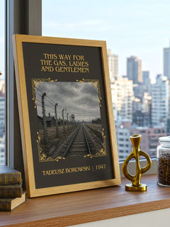 This Way for the Gas, Ladies and Gentlemen Classic Book Art Print by Tadeusz Borowski – framed print on a city-view windowsill