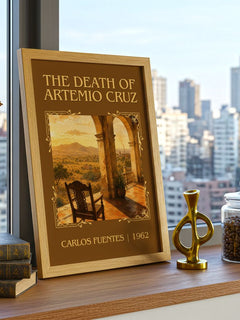 The Death of Artemio Cruz Classic Book Art Print by Carlos Fuentes – framed print on a city-view windowsill