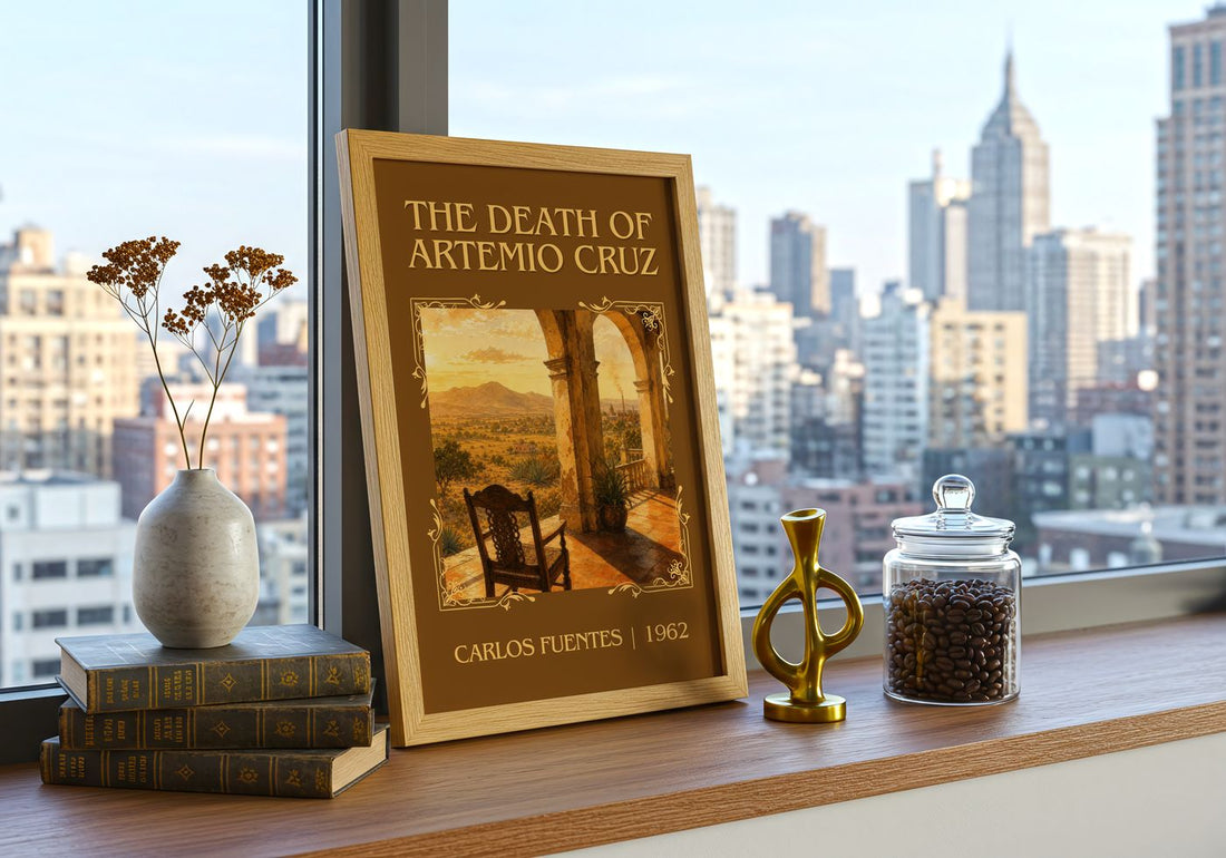 The Death of Artemio Cruz Classic Book Art Print by Carlos Fuentes – framed print on a city-view windowsill