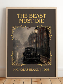 The Beast Must Die Classic Book Art Print by Nicholas Blake – framed print leaning on a wooden floor