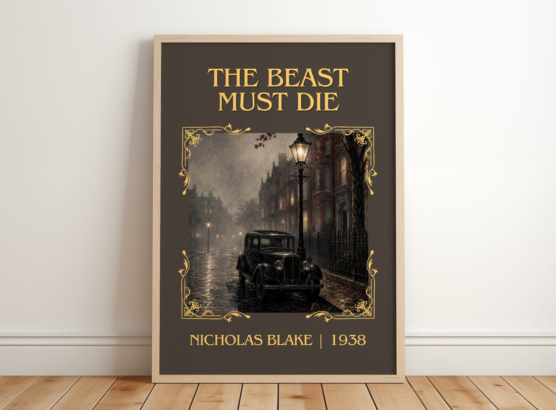 The Beast Must Die Classic Book Art Print by Nicholas Blake – framed print leaning on a wooden floor