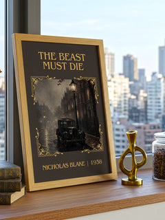 The Beast Must Die Classic Book Art Print by Nicholas Blake – framed print on a city-view windowsill