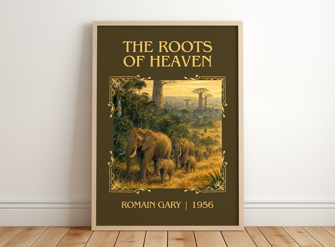 The Roots of Heaven Classic Book Art Print by Romain Gary – framed print leaning on a wooden floor