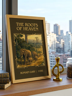 The Roots of Heaven Classic Book Art Print by Romain Gary – framed print on a city-view windowsill