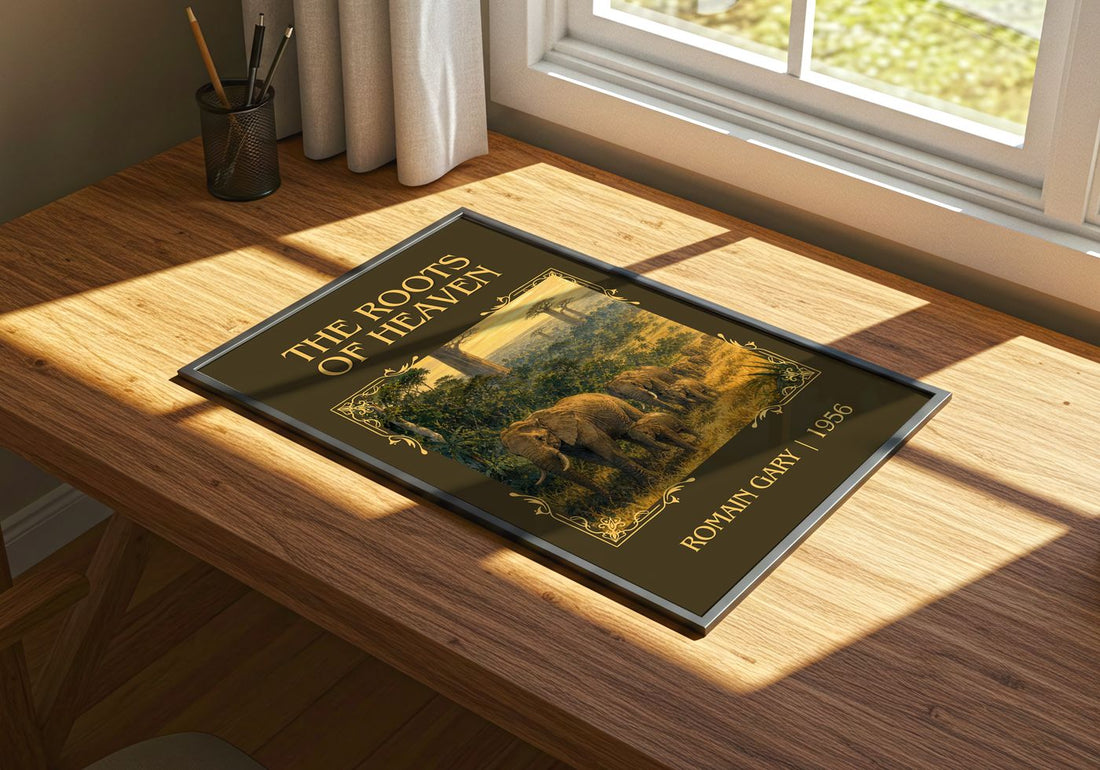The Roots of Heaven Classic Book Art Print by Romain Gary – print on a sunlit desk