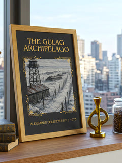 The Gulag Archipelago Classic Book Art Print by Aleksandr Solzhenitsyn – framed print on a city-view windowsill