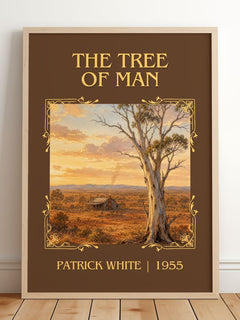 The Tree of Man Classic Book Art Print by Patrick White – framed print leaning on a wooden floor