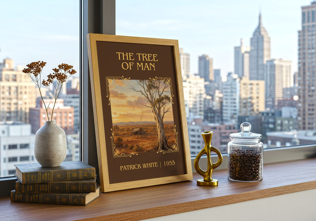The Tree of Man Classic Book Art Print by Patrick White – framed print on a city-view windowsill