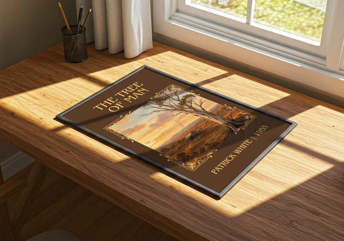 The Tree of Man Classic Book Art Print by Patrick White – print on a sunlit desk