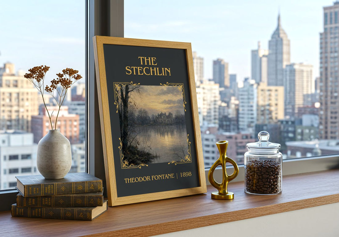 The Stechlin Classic Book Art Print by Theodor Fontane – framed print on a city-view windowsill