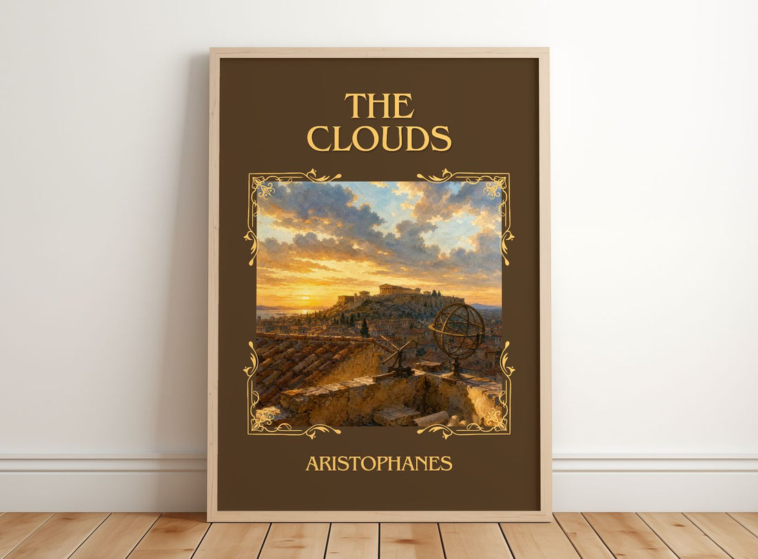 The Clouds Classic Book Art Print by Aristophanes – framed print leaning on a wooden floor