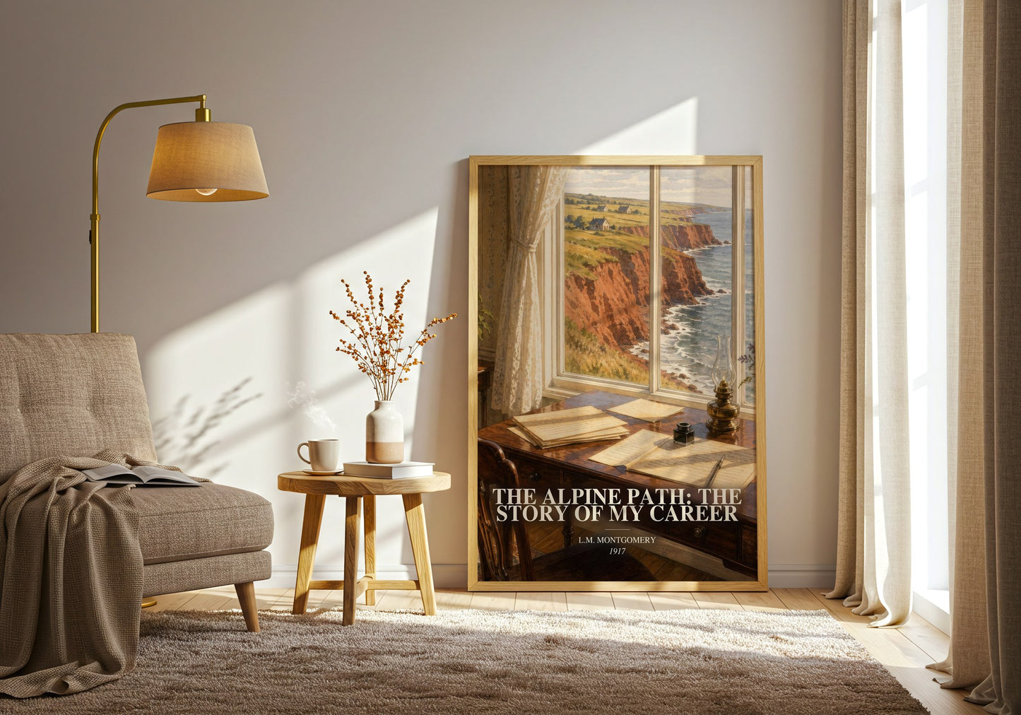 The Alpine Path: The Story Of My Career watercolour print in frame leaning in hallway – memoir wall art
