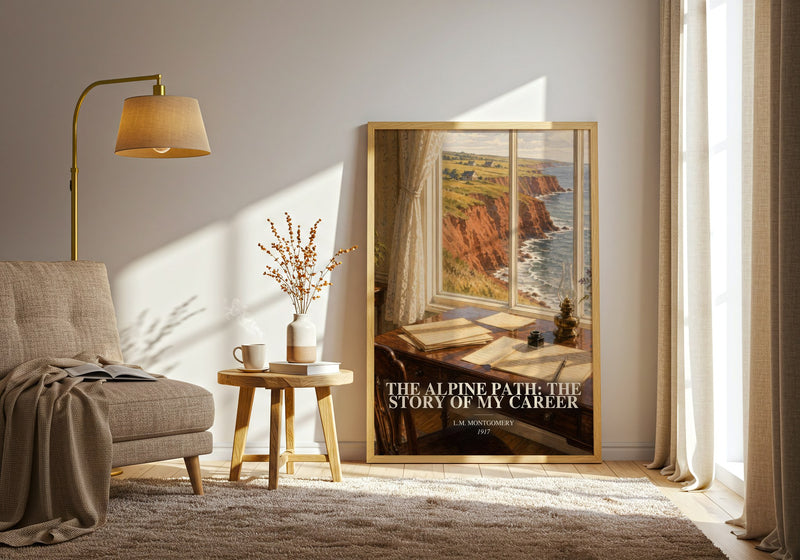 The Alpine Path: The Story Of My Career watercolour print in frame leaning in hallway – memoir wall art