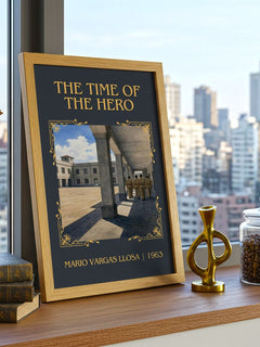 The Time of the Hero Classic Book Art Print by Mario Vargas Llosa – framed print on a city-view windowsill