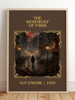 The Werewolf Of Paris Classic Book Art Print by Guy Endore – framed print leaning on a wooden floor