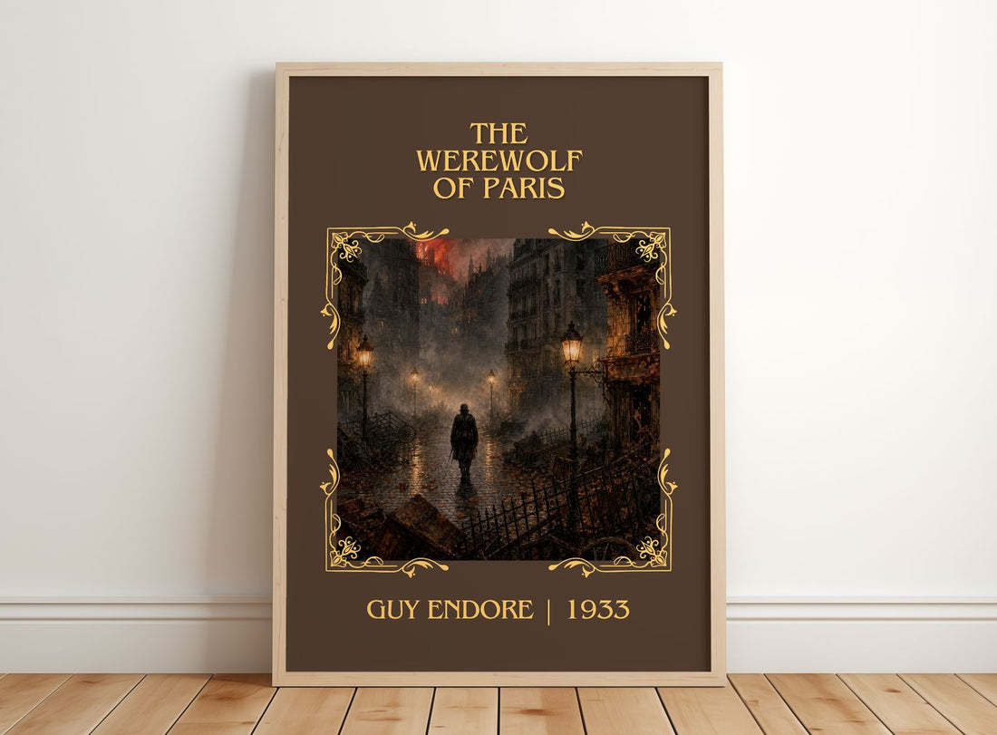 The Werewolf Of Paris Classic Book Art Print by Guy Endore – framed print leaning on a wooden floor