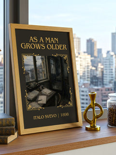 As A Man Grows Older Classic Book Art Print by Italo Svevo – framed print on a city-view windowsill