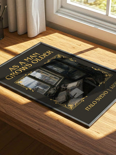 As A Man Grows Older Classic Book Art Print by Italo Svevo – print on a sunlit desk
