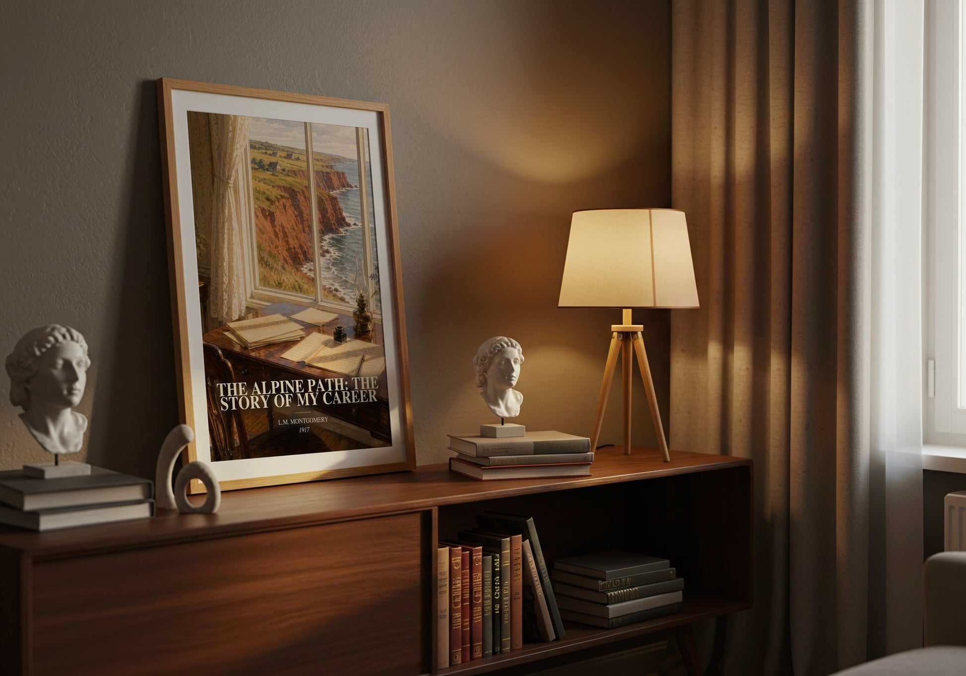 The Alpine Path: The Story Of My Career watercolour print on bookshelf – L.M. Montgomery fan gift