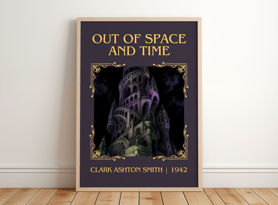 Out Of Space And Time Classic Book Art Print by Clark Ashton Smith – framed print leaning on a wooden floor