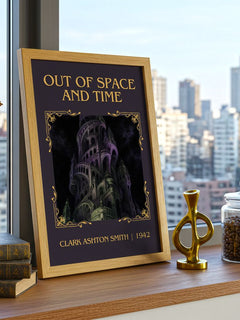 Out Of Space And Time Classic Book Art Print by Clark Ashton Smith – framed print on a city-view windowsill