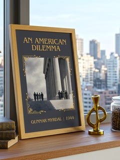 An American Dilemma Classic Book Art Print by Gunnar Myrdal – framed print on a city-view windowsill