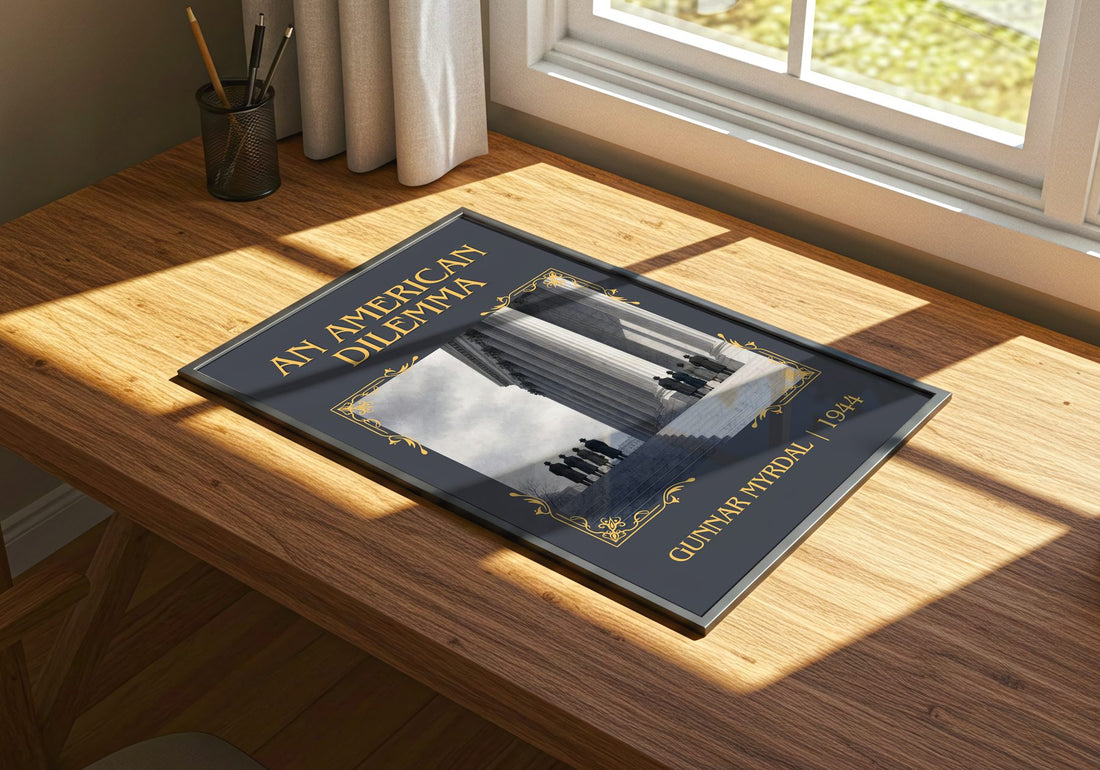 An American Dilemma Classic Book Art Print by Gunnar Myrdal – print on a sunlit desk