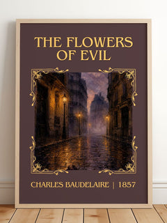 The Flowers of Evil Classic Book Art Print by Charles Baudelaire – framed print leaning on a wooden floor