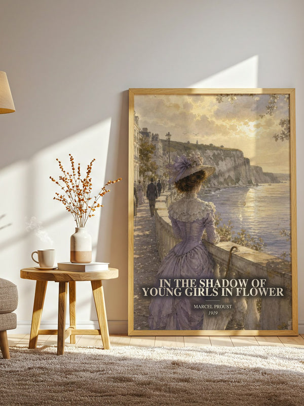 In The Shadow Of Young Girls In Flower watercolour print in frame leaning in hallway – classic literature wall art