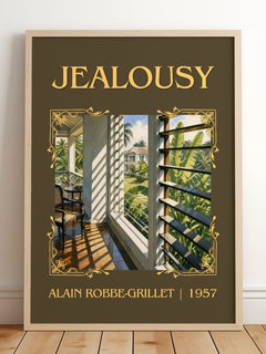 Jealousy Classic Book Art Print by Alain Robbe-Grillet – framed print leaning on a wooden floor