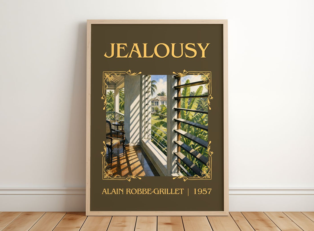 Jealousy Classic Book Art Print by Alain Robbe-Grillet – framed print leaning on a wooden floor