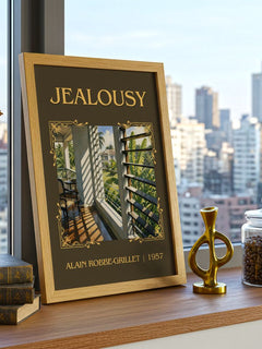 Jealousy Classic Book Art Print by Alain Robbe-Grillet – framed print on a city-view windowsill