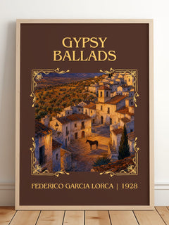 Gypsy Ballads Classic Book Art Print by Federico García Lorca – framed print leaning on a wooden floor