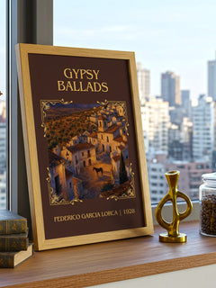 Gypsy Ballads Classic Book Art Print by Federico García Lorca – framed print on a city-view windowsill