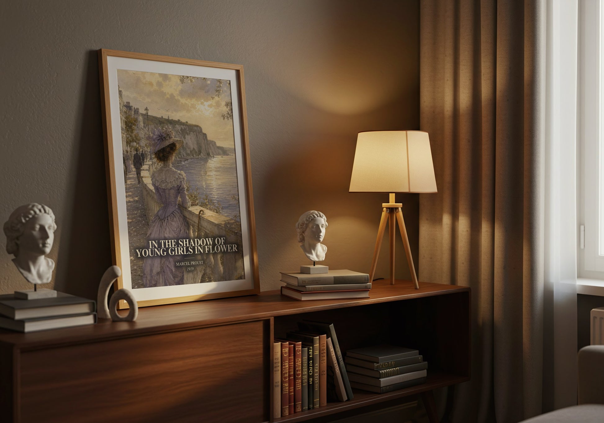 In The Shadow Of Young Girls In Flower watercolour print on bookshelf – Marcel Proust fan gift