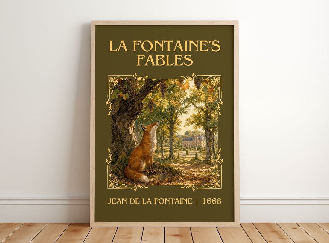 La Fontaine's Fables Classic Book Art Print by Jean de La Fontaine – framed print leaning on a wooden floor