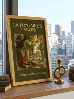 La Fontaine's Fables Classic Book Art Print by Jean de La Fontaine – framed print on a city-view windowsill