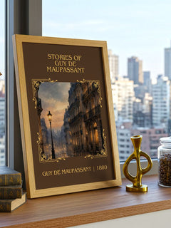 Stories of Guy de Maupassant Classic Book Art Print by G. Maupassant – framed print on a city-view windowsill