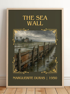 The Sea Wall Classic Book Art Print by Marguerite Duras – framed print leaning on a wooden floor