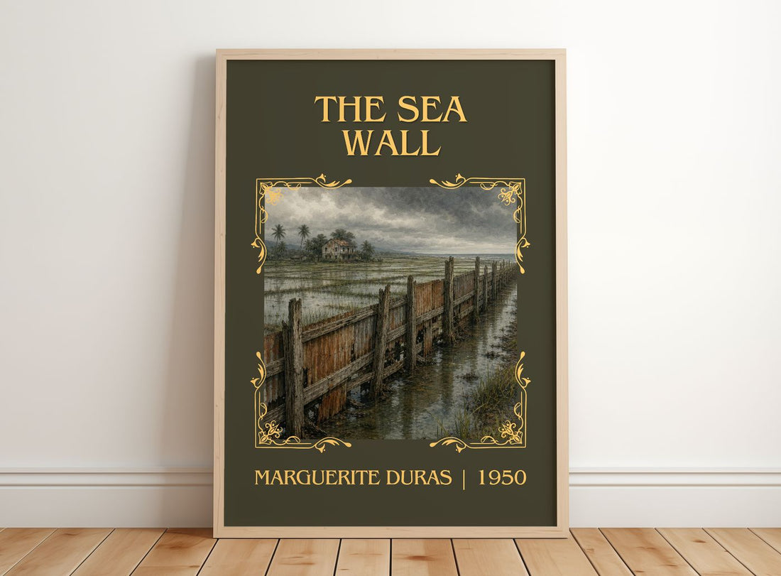 The Sea Wall Classic Book Art Print by Marguerite Duras – framed print leaning on a wooden floor